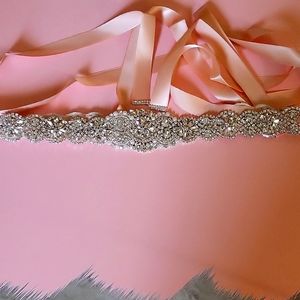 Pink wedding ribbon belt with crystal accents